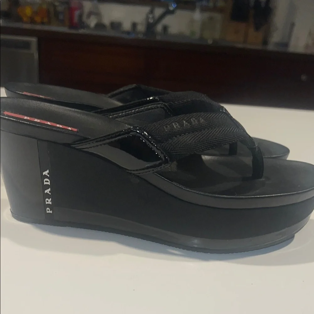 Prada Black Wedge Flip-Flip flop sandal size 38 new! No box - Picture 8 of 8